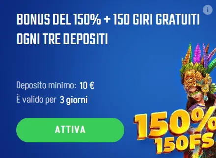 Bonus del 150 150 giri gratuiti ogni tre depositi